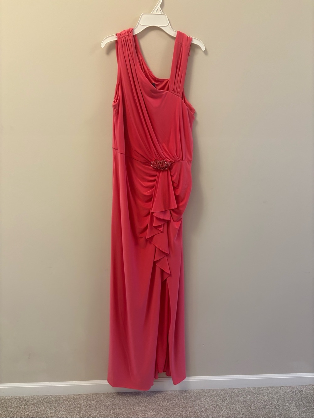 NWT Adrianna Papell Coral Pink One-Shoulder Ruffled Gown